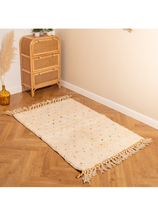 Tapis Beni Ouarain pois jaune moutarde 100x150 cm