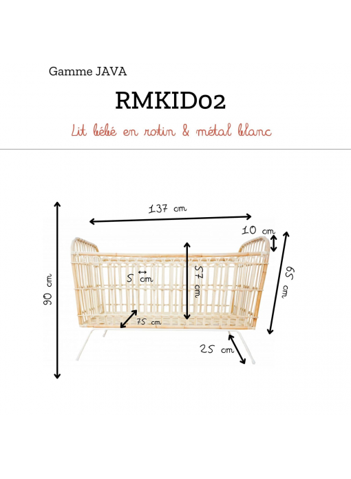 Lit bébé en rotin & métal 60x120 cm JAVA BLANC